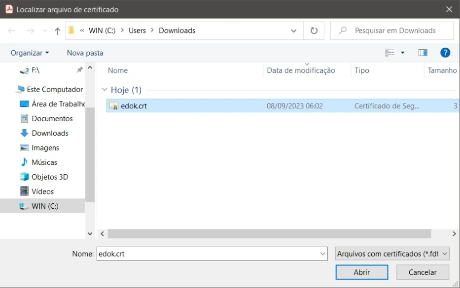 Seleção do Arquivo do Certificado AC eDok Demo