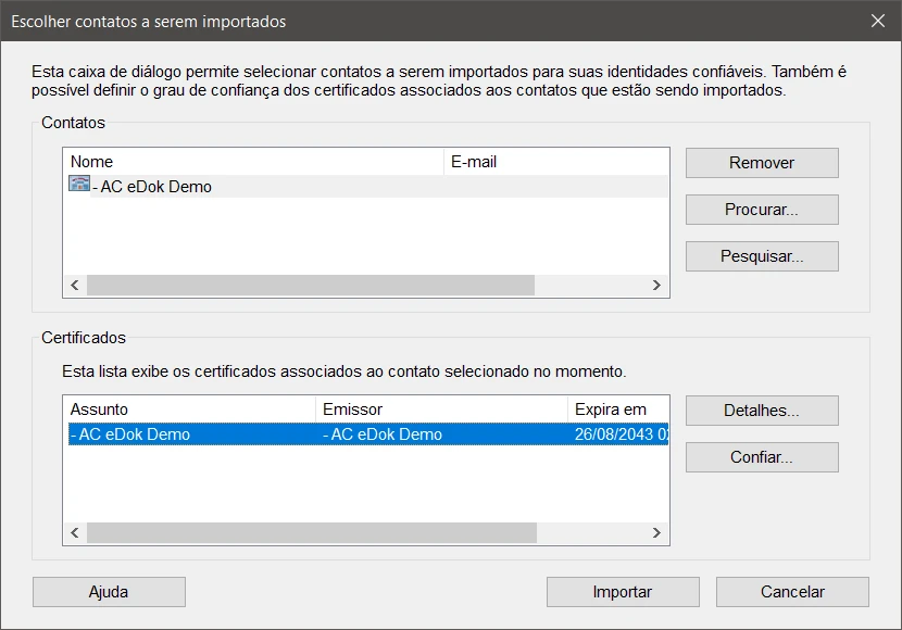 Seleção do Certificado AC eDok Demo