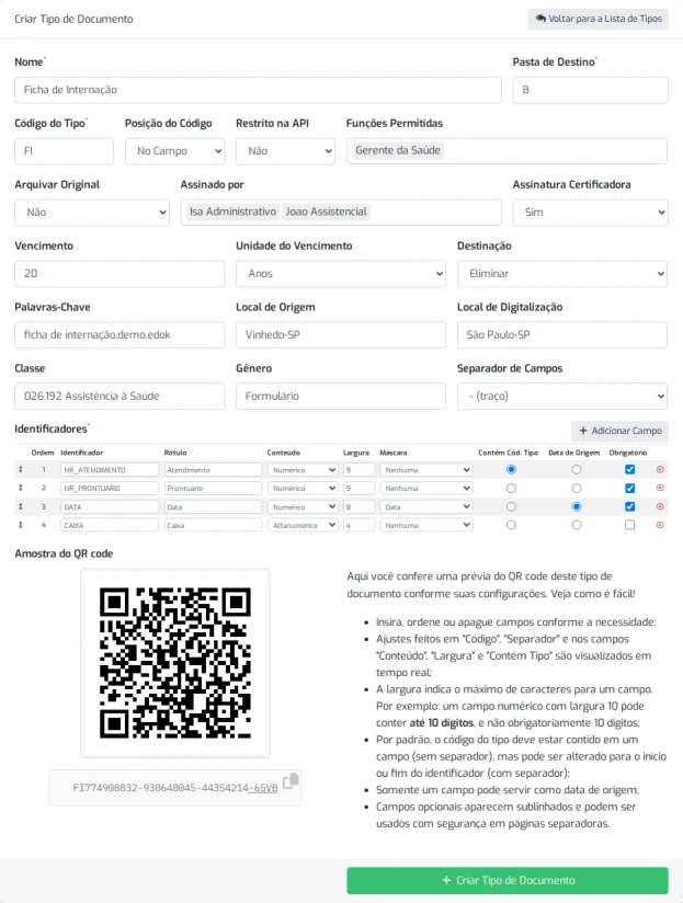 Tela de Criação de Tipos de Documentos