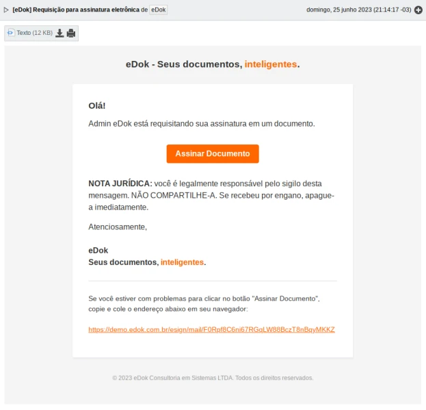 Email de Requisição para Assinatura Eletrônica