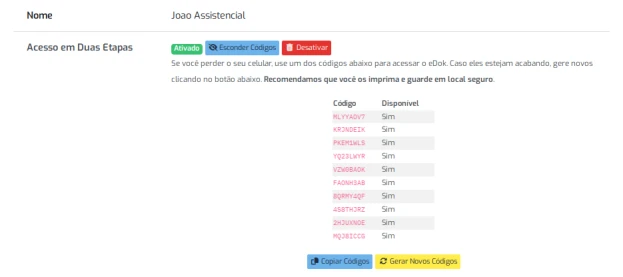 Códigos de Acesso de Backup