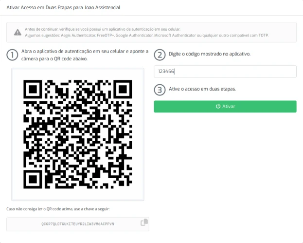 Tela Ativar Acesso em Duas Etapas